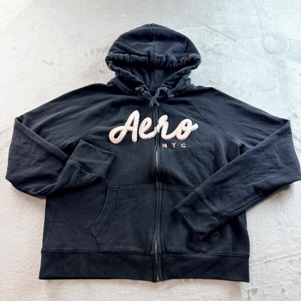 Aeropostale Women's Large Black Aero NYC Full Zip Hoodie Sweatshirt Pink Logo